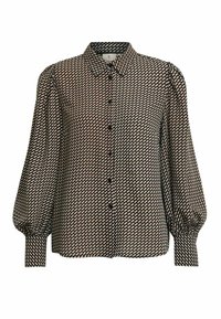 Long-sleeve shirt in patterned black, white, and rust fabric; features a button-up front, pointed collar, and puffed sleeves.