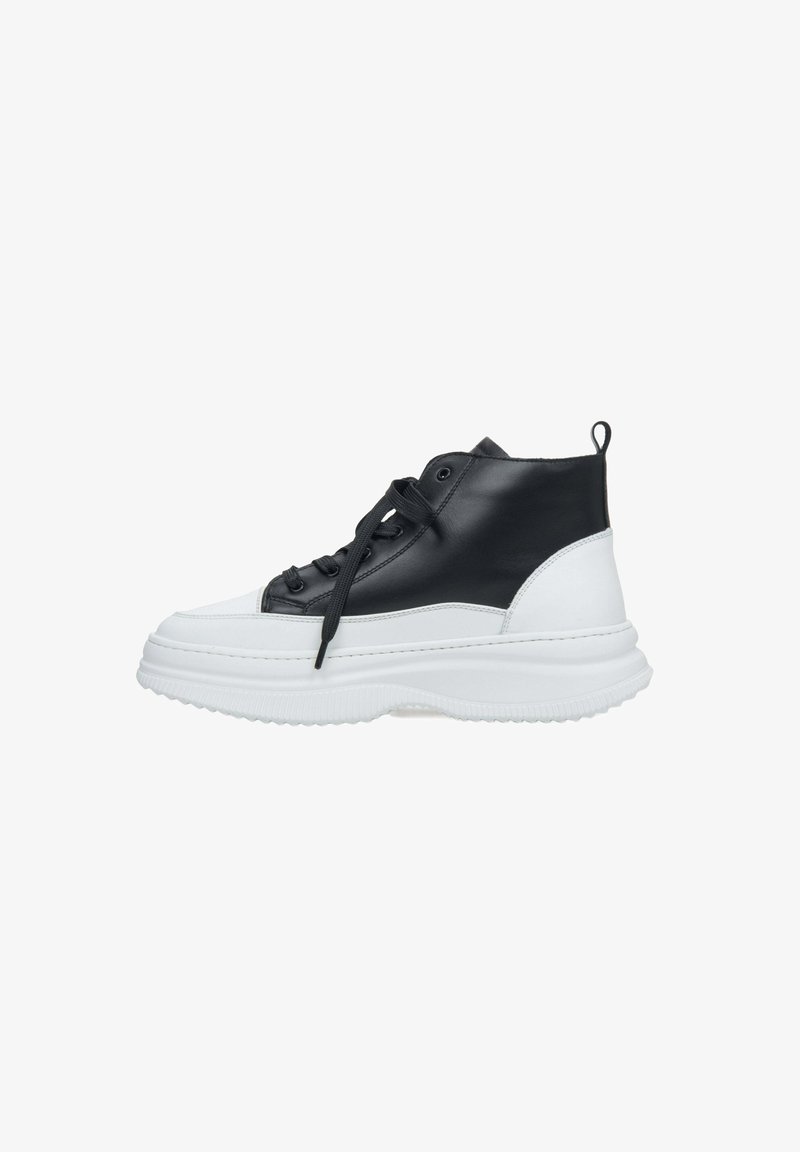 High-top sneaker featuring a black leather upper with a white rubber sole. Black laces, rounded toe, and a rear pull tab are notable details.
