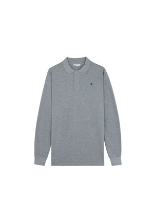 Tricou polo cu mânecă lungă din bumbac gri deschis, prevăzut cu o fenta cu trei nasturi și un mic logo bleumarin pe pieptul stâng. Design clasic al gulerului.