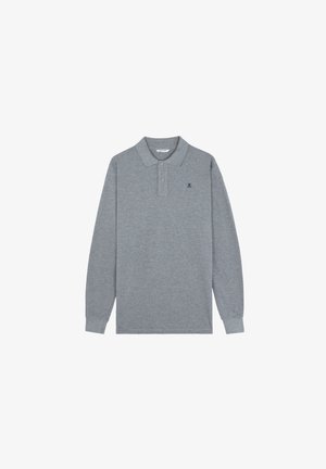 Long-sleeve polo shirt in light gray cotton, featuring a three-button placket and a small navy logo on the left chest. Classic collar design.