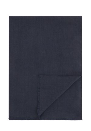 Écharpe rectangulaire bleu foncé avec un coin plié montrant de fines bords effilochés sur un fond blanc uni.