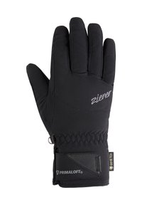 Schwarze isolierte Handschuhe mit strukturiertem Oberflächen, Primaloft- und Gore-Tex-Logo sowie einem verstellbaren Handgelenkriemen.