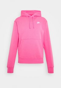 Ljust rosa Nike-hoodie med frontficka, långa ärmar, dragsko i huvan och vitt Nike-logotyp på vänster bröst.