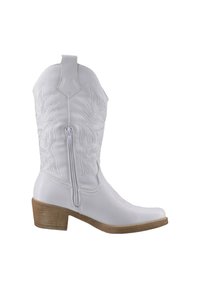 Bota de vaquero blanca con puntera afilada, patrón floral bordado, cremallera lateral y tacón de bloque de madera. Textura suave con un acabado brillante.