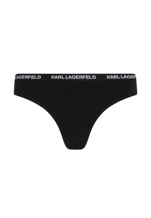 Culotte string noire pour femmes avec une ceinture affichant "Karl Lagerfeld" en texte blanc répété tout autour.