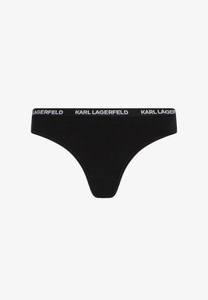 Schwarzer Damen-String mit einem Taillenbund, auf dem "Karl Lagerfeld" in weißem Text wiederholt steht.