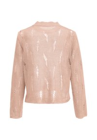 Maglione cropped rosa chiaro in tessuto lavorato a maglia, con un motivo di intagli. Maniche lunghe e scollatura rotonda con bordi a costine.