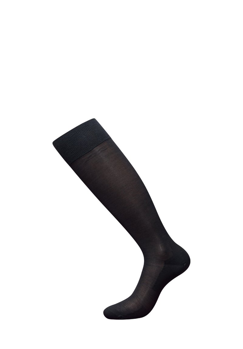 Knief hohe schwarze Socken mit einem gerippten Bündchen, aus transparentem Material, mit glatter Textur und einer angepassten Form.