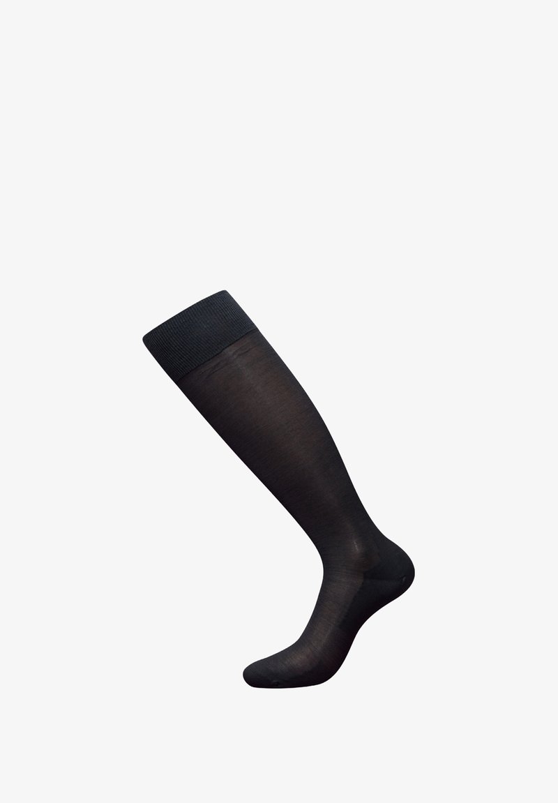 Knee-high black socks with a ribbed cuff, made from sheer material, featuring a smooth texture and a fitted shape.