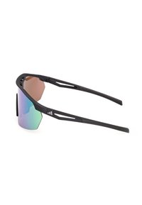Gafas de sol deportivas con montura negra y lentes iridiscentes semientradas, con patillas ventiladas diseñadas para uso activo.