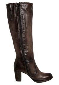 Brun läderknä-stövle med en slät yta, sidodragkedja och en kraftig klack. Har en rundad tå och subtila sömdetaljer.