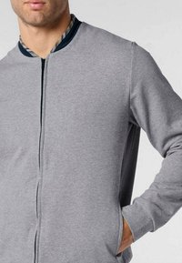 Uomo che indossa una giacca zip-up grigio chiaro con colletto blu navy, con una mano in tasca, inquadrato a bocca e vita.