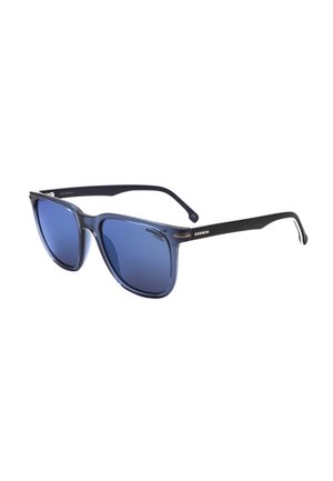Occhiali da sole quadrati con lenti sfumate blu, aste nere, logo Carrera sulle stanghette e montatura blu lucida e traslucida.