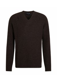 Maglione a v-neck marrone scuro con texture a coste, maniche lunghe e design aderente. L'etichetta interna riporta "FALKE."