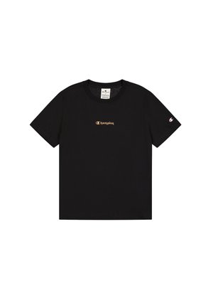 Zwarte katoenen t-shirt met korte mouwen. Heeft een klein oranje "Champion" logo op de borst en een logo op de rechter mouw.