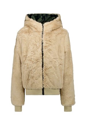 Beige, pluizige jas met capuchon, volledige rits aan de voorkant, geribbelde boorden en zoom, met een donkergepatenteerde binnenvoering in de capuchon.