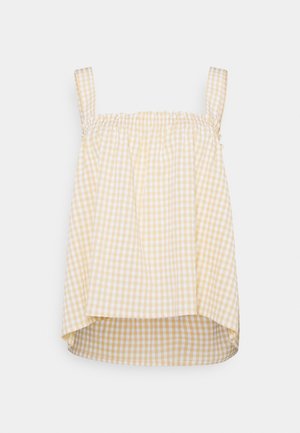 Gelb-weiß kariertes Oberteil mit dünnen Trägern, elastischem, gerafftem Oberteil und lockerem, leicht geschwungenem Saum.