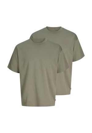 Two plain olive green short-sleeve crew neck T-shirts, displayed layered against a white background.