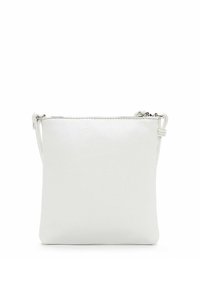 Bílá kožená crossbody taška s hladkým povrchem, čtvercovým tvarem, horním zipovým uzávěrem a nastavitelním popruhem pro pohodlí.