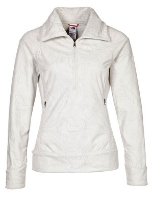 Biały polarowy sweter z delikatnym wzorem liści, przednim zamkiem do ćwiartki długości, wysokim kołnierzem i dwoma zamykanymi na zamek kieszeniami bocznymi.