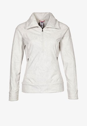 Biały polarowy sweter z delikatnym wzorem liści, przednim zamkiem do ćwiartki długości, wysokim kołnierzem i dwoma zamykanymi na zamek kieszeniami bocznymi.