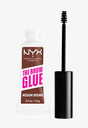 Tube NYX Professional Makeup The Brow Glue en brun moyen avec applicateur brosse spoolie noir à côté sur fond blanc.