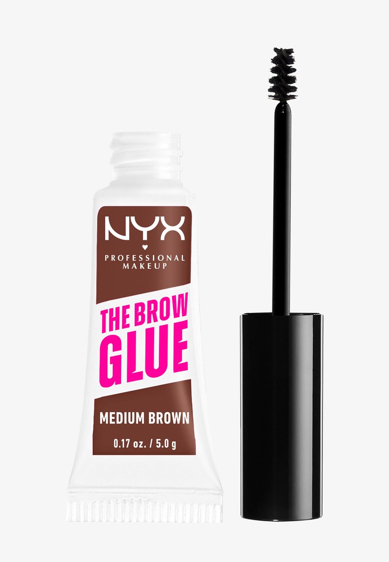 Tube NYX Professional Makeup The Brow Glue en brun moyen avec applicateur brosse spoolie noir à côté sur fond blanc.