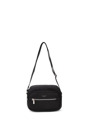 Schwarze Umhängetasche mit silbernen Reißverschlusstaschen und verstellbarem Schulterriemen, kompakt und rechteckig geformt.