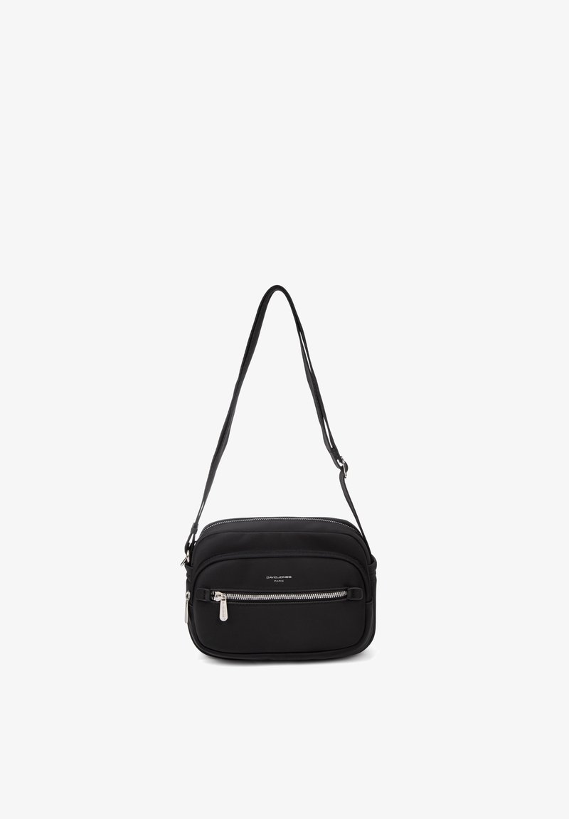 Sac bandoulière noir avec poches zippées argentées et bandoulière réglable, compact et de forme rectangulaire.