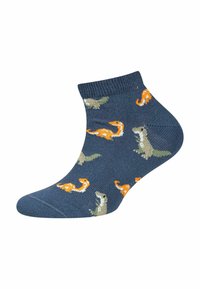 Niebieska skarpetka na kostkę z pomarańczowo-zielonymi wzorami dinozaurów równomiernie rozmieszczonymi na całej powierzchni.