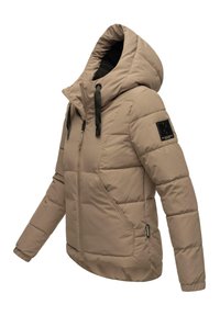Beige pufferjakke med hætte, med justerbare snore, lynlås foran og sidelommer. Struktureret, quiltet design.