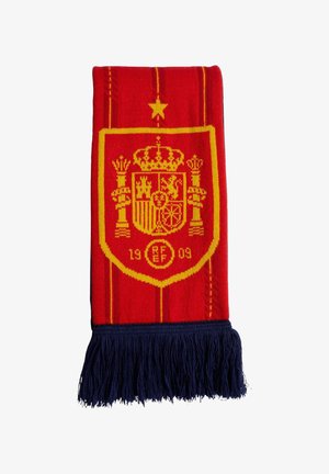 Tkani crveno-žuti šal s grbom španjolske nogometne reprezentacije, godina 1909, s tamnoplavim resicama na dnu.