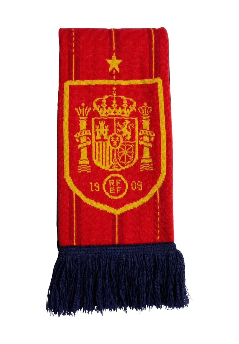 Sciarpa intrecciata rossa e gialla con il simbolo del calcio spagnolo, anno 1909, con frange blu navy nella parte inferiore.