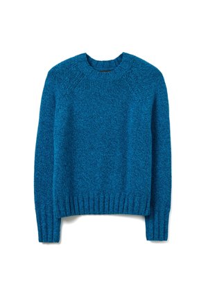 Blauer gestrickter Pullover mit rundem Ausschnitt, gerippten Bündchen und Saum sowie einer strukturierten Oberfläche, ausgestattet mit einer lockeren Passform und Raglanärmeln.
