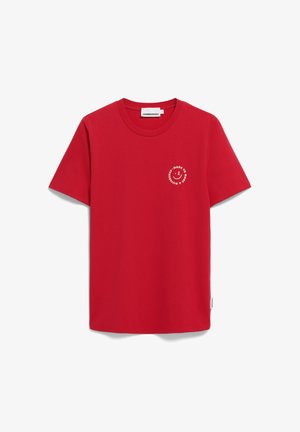 Rotes Baumwoll-T-Shirt mit kurzen Ärmeln, rundem Halsausschnitt und einem kleinen weißen Smiley-Design auf der linken Brustseite.