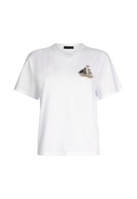 Hvid bomulds t-shirt med rund hals og korte ærmer, der har et dekorativt båddesign med sorte og rhinsten accenter på brystet.