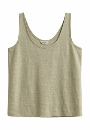Olijfgroene mouwloze tanktop met ronde halslijn en zachte stof, voorzien van een klein merklabel aan de binnenkant van de nek.