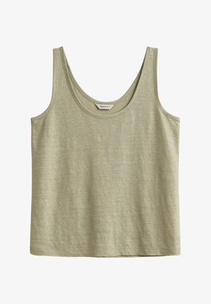 Olijfgroene mouwloze tanktop met ronde halslijn en zachte stof, voorzien van een klein merklabel aan de binnenkant van de nek.