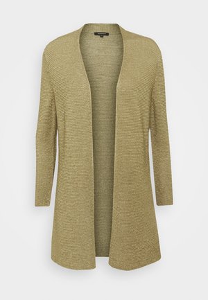 Cardigan lavorato a maglia in oro metallico, design aperto davanti, maniche lunghe, tessuto testurizzato con strisce orizzontali, che scende sotto i fianchi.