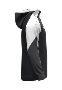 Sweat-shirt à capuche noir et blanc avec un design élégant, une texture lisse, des panneaux contrastants sur les manches et une poche kangourou à l'avant.