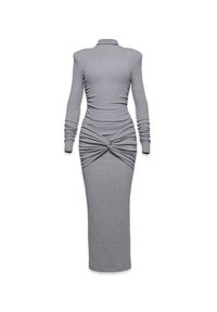 Hallide hallaste varrukatega kleit, millel on lähedane siluett, kõrge krae, kuma detailid vööl ja põrandani ulatuv disain.