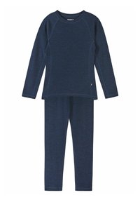Navy blue thermal set made of soft, stretchy material; features long sleeves, a crew neck top, and slim-fit pants with a smooth texture.