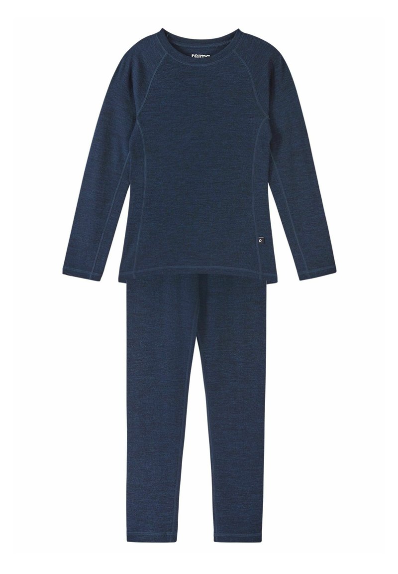 Navy blue thermal set made of soft, stretchy material; features long sleeves, a crew neck top, and slim-fit pants with a smooth texture.