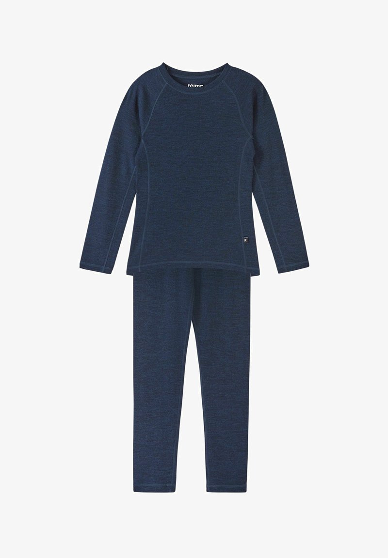 Marineblauer Thermo-Set aus weichem, dehnbarem Material; verfügt über langärmeliges Oberteil mit Rundhalsausschnitt und schmal geschnittene Hosen mit glatter Textur.