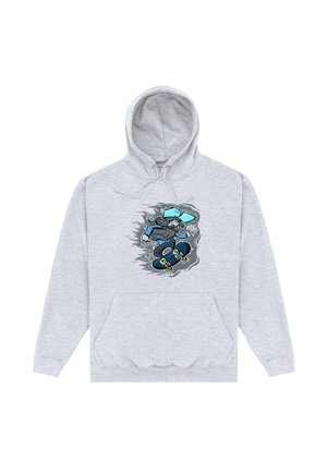 Lichtgrijze hoodie met een kleurrijke cartoon van een skateboarder met een pet, die een truc in de lucht uitvoert tegen een graffiti-achtige achtergrond.