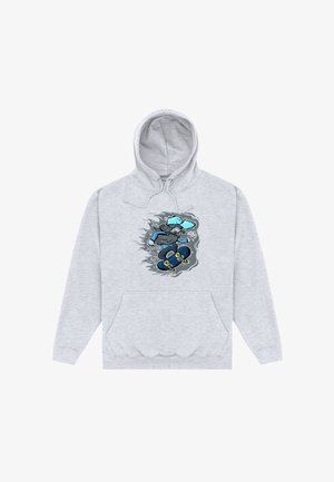 Lichtgrijze hoodie met een kleurrijke cartoon van een skateboarder met een pet, die een truc in de lucht uitvoert tegen een graffiti-achtige achtergrond.