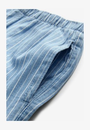 Ljusblå randiga tygshorts med elastiskt midjeband och sidofickor, med en mjuk textur och avslappnade design detaljer.