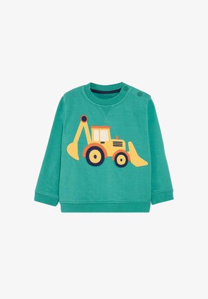 Sweatshirt verde cu mânecă lungă, realizat din bumbac, având un aplicață cu un buldozer galben pe față și capse la umăr pentru o îmbrăcare ușoară.