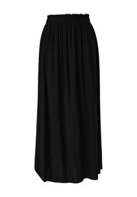 Zwarte maxi rok met een elastische tailleband. Soepele, lichte stof. Vloeiende vorm met een rechte silhoët, geschikt voor verschillende gelegenheden.