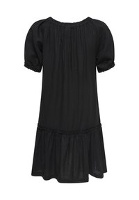Robe courte noire à manches courtes avec encolure froncée, manches bouffantes, poignets élastiques et ourlet à volants pour une coupe ample.